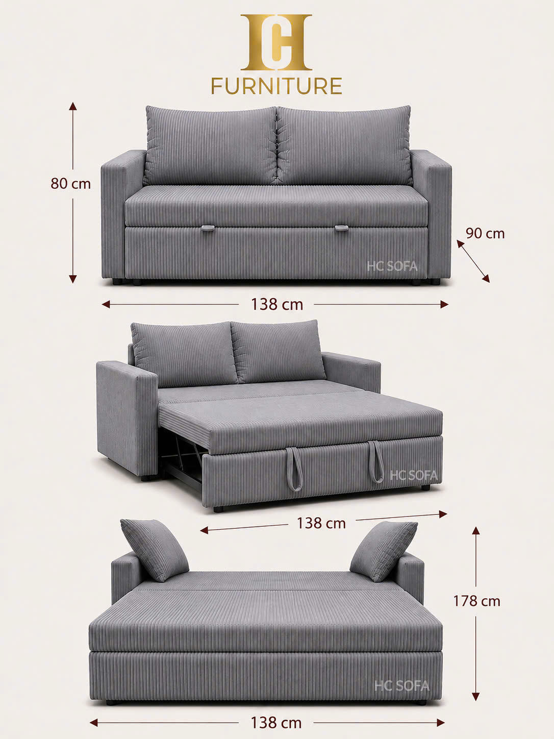 SOFA BED 1M4 VẢI GÂN XÁM